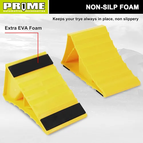 Miniatura 2 de PR1ME - Cuñas de rueda con base antideslizante para RV y remolque. Paquete de 2 calcetas de ruedas resistentes con amarillo brillante. Tapones