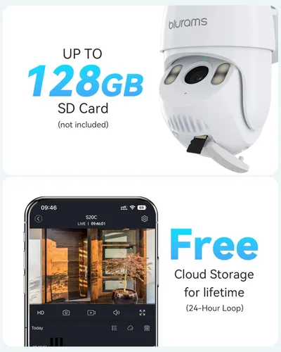 Miniatura 7 de blurams Cámara de seguridad 2K para exteriores, cámara para exteriores con panorámica e inclinación con cable con visión de 360°, seguimiento