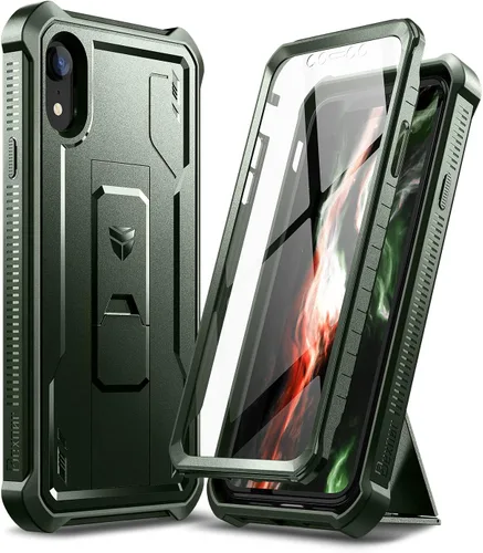 Dexnor Funda para iPhone XR, [Protector de pantalla y soporte integrados] Protección de grado militar resistente a prueba de golpes para iPhone XR,