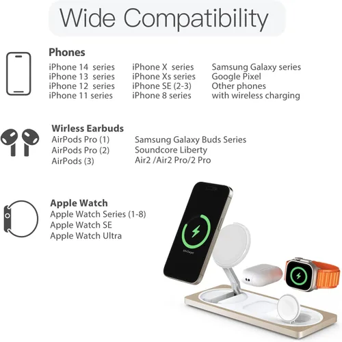 Miniatura 6 de Estación de carga 3 en 1 para dispositivos Apple: Usada para estación de carga de iPhone y reloj con soporte de cargador Magsafe, cargador Dorado