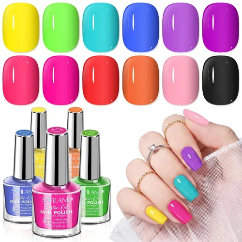 SAVILAND Juego de esmaltes de uñas de neón: 12 colores brillantes de esmalte de uñas de verano con 2 piezas de capa base y capa superior rosa