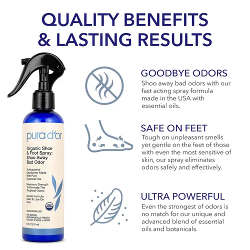 Miniatura 6 de PURA D'OR Spray orgánico eliminador de olores para zapatos y pies (8 onzas) desodoriza y elimina los malos olores con eucalipto, menta, árbol de té
