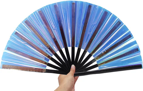 Miniatura 3 de Gionforsy 1 ventilador plegable rave para mujer, ventilador de mano grande de bambú con tela de color brillante para festival
