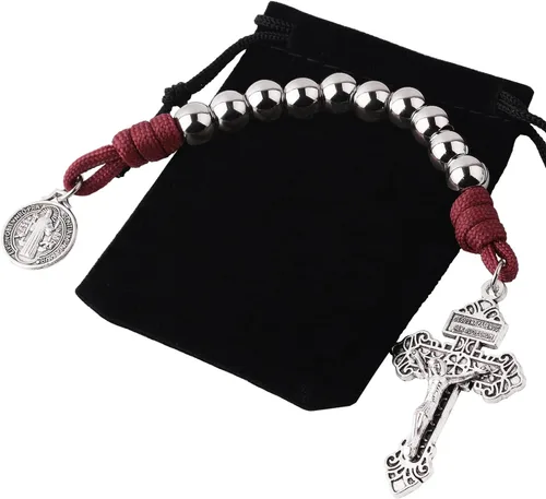 Miniatura 7 de Rosario de bolsillo estilo abierto una década de acero inoxidable rosario católico con crucifijo medalla de San Benito con bolsa de regalo