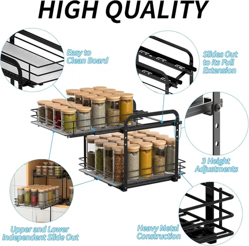 Miniatura 4 de BOIVSHI Estante de especias de 2 niveles, organizador de gabinete extraíble, estantes de especias de altura ajustable, cesta de metal resistente