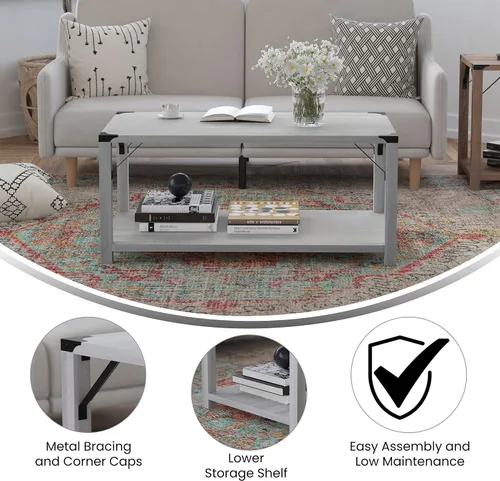Miniatura 5 de BizChair Modern Farmhouse - Mesa auxiliar de 2 niveles, marco de madera de ingeniería gris Aspen, soportes laterales entrecruzados de metal negro
