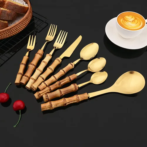 Miniatura 2 de JASHII Juego de cubiertos de 30 piezas con mango de bambú, juego de cubiertos dorados de acero inoxidable 304, servicio para 4, con 2 cucharas