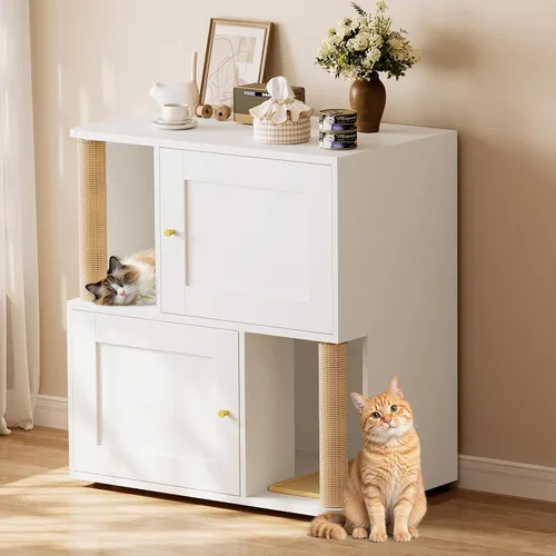 Miniatura 9 de Caja de arena para gatos para 2 gatos, armario de metal oculto doble con poste rascador para gatos, muebles grandes para baño de mascotas, mesa