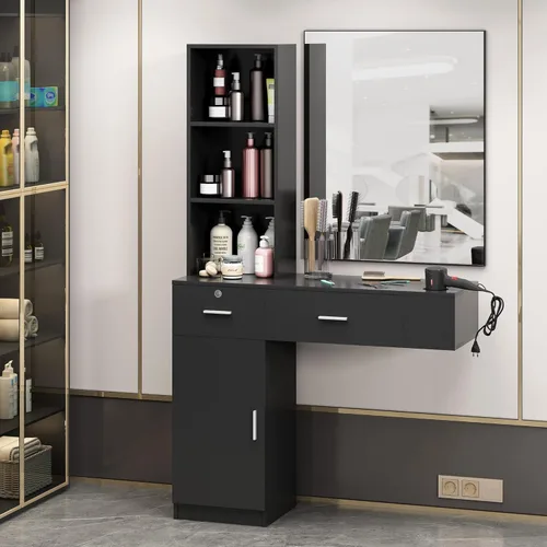 Miniatura 2 de Estación de peluquería para salón de belleza, estación de peluquería montada en la pared con estante de 3 niveles, equipo de peluquería spa