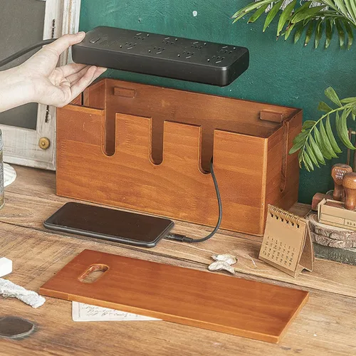 Miniatura 5 de Toddmomy Wooden Cable Organizer Container with Lid for Home Office Desk Wire Storage and Router Stand for Electronics
