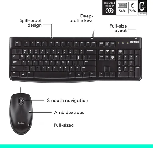 Miniatura 7 de Logitech MK120 – Combo de teclado y ratón con cable para Windows, ratón óptico con cable, tamaño completo, USB, compatible con PC, portátil - Negro