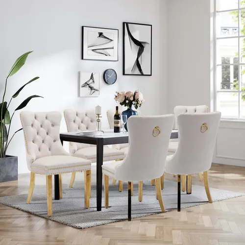 Miniatura 37 de Juego de 4 Sillas de Comedor de Terciopelo Tapizadas con Capitoné, Sillas Laterales de Cocina con Ribete de Tachuelas y Patas Chapadas en Oro
