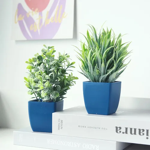 Miniatura 4 de summer flower Paquete de 2 plantas falsas en maceta, pequeñas plantas artificiales de eucalipto en maceta, romero sintético en maceta
