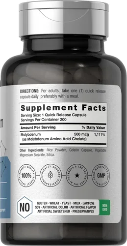 Miniatura 2 de Horbaach Suplemento de molibdeno 500mcg 200 cápsulas Quelato de aminoácidos Sin OMG, sin gluten
