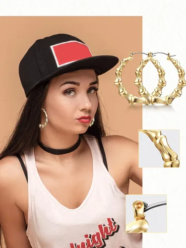 Miniatura 4 de Aretes de aro grandes de bambú para mujer, aretes de bambú de gran tamaño para uso diario, accesorios de rapero de los años 80 y 90