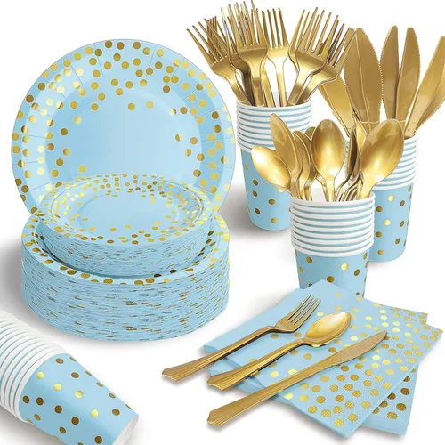 Miniatura 10 de AIRE 175 piezas platos de oro rosa suministros de fiesta sirve para 25 invitados decoraciones de fiesta desechables, tenedores cuchillos cucharas