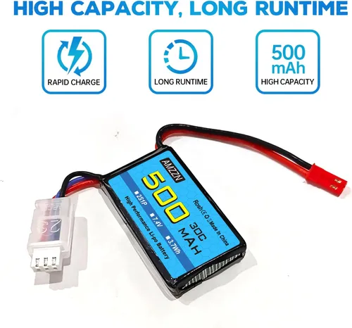 Miniatura 7 de 7.4V 500mAh 30C JST-2P Plug Lipo batería con USB para helicópteros controlados a distancia, cuadricópteros, autos de carreras micro FPV, drones