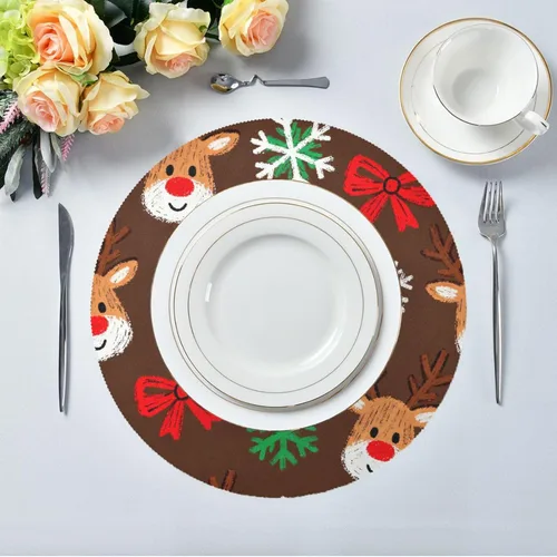 Miniatura 5 de Manteles individuales de Navidad con lazo y ciervos marrones para mesa de comedor, tejido redondo, reutilizables, para bebé, juego de 4 manteles