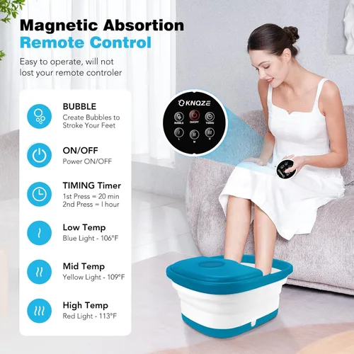 Miniatura 3 de KNQZE Spa de pies plegable con calor, control remoto, control de temperatura, burbujas, piedra pómez, luz roja, temporizador, 16 rodillos de masaje