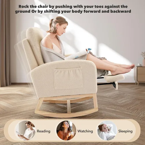 Miniatura 5 de Mecedora con reposapiés, sillón reclinable con respaldo alto, patas de madera y bolsillo lateral para sala de estar, dormitorio, color beige