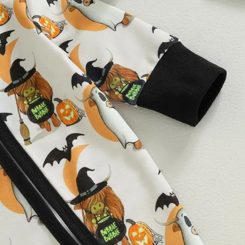 Miniatura 5 de Wrrkayly Ropa de Halloween para bebés niños y niñas, recién nacidos, manga larga, con capucha, mameluco de calabaza, fantasma, con cremallera