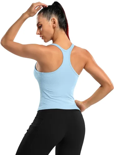 Miniatura 164 de ATTRACO Camiseta corta acanalada de entrenamiento para mujer con brasier integrado para yoga, espalda cruzada, ajuste ajustado