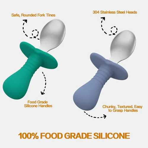Miniatura 3 de 2 cucharas para bebé, cucharas para niños pequeños para autoalimentarse, cucharas para niños con mango redondo de silicona, utensilios de acero