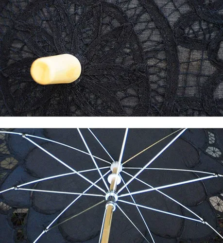 Miniatura 4 de Sombrilla de encaje para boda para novia de algodón a la moda con mango de madera color negro