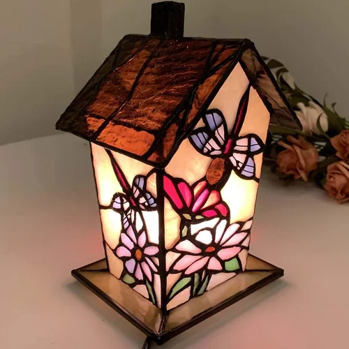 Miniatura 4 de Bieye L10782 - Lámpara de mesa estilo Tiffany con vitral en forma de casa de pájaro para decoración del hogar (17.8 cm de alto, libélula)