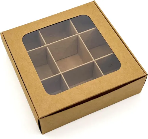 Miniatura 6 de 20 cajas de regalo de papel kraft con ventana y divisores, 9 compartimentos extra pequeños, 5 x 5 x 1.57 pulgadas, cajas de dulces vacías