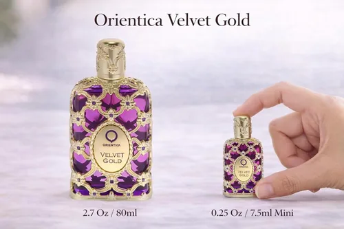 Miniatura 2 de Orientica Luxury Velvet Gold Eau De Parfum 0.25oz/0.3 fl oz Mini Splash – Notas de vainilla, caramelo, rosa – Perfumes árabes florales de gourmand