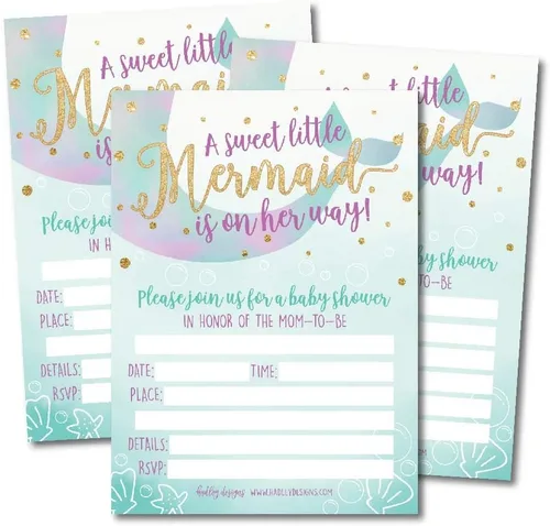 Hadley Designs Invitaciones de baby shower para niña -25 invitaciones de baby shower para niña, invitaciones de baby shower, ¡un dulce memaid está
