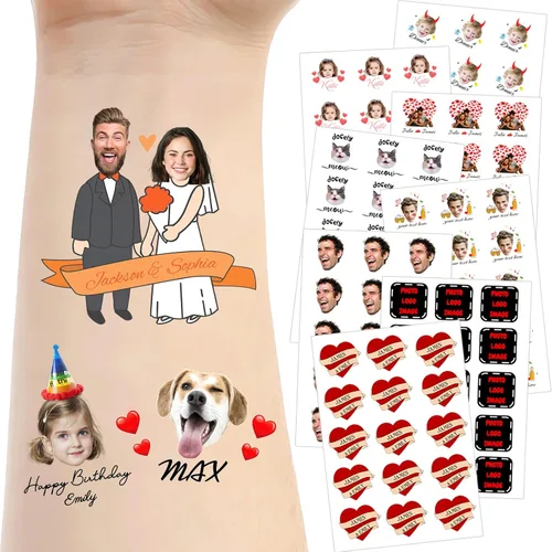 Miniatura 26 de Tatuajes temporales personalizados para la cara, tatuajes faciales personalizados con nombre de foto, logotipo, texto, calcomanía de tatuaje falsa