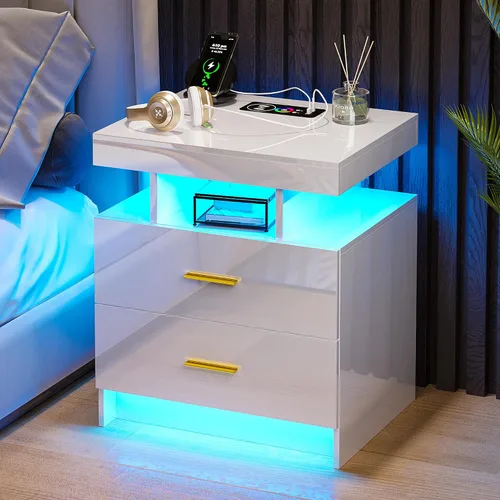Miniatura 11 de Mesita de noche LED con estación de carga, moderna mesita de noche negra con luz de sensor corporal, mesita de noche con 2 cajones de almacenamiento