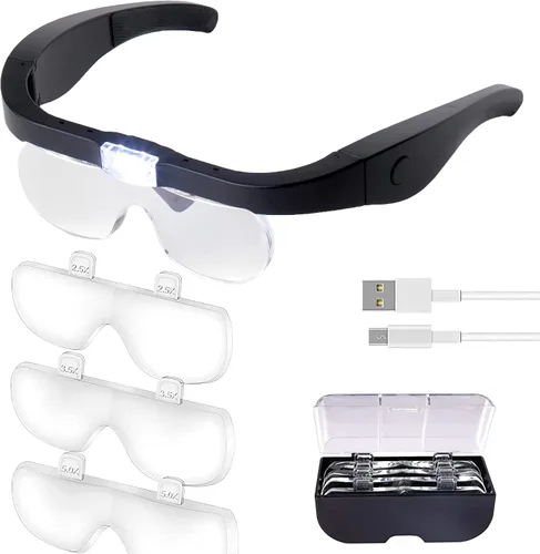 Miniatura 11 de Lupa de diadema iluminada recargable, herramienta de aumento manos libres para joyas, extensiones de pestañas, reparación de relojes, punto de cruz