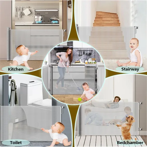 Miniatura 7 de Puertas retráctiles para bebés para escaleras, puertas, pasillos, puerta retráctil de malla suave para mascotas, uso en interiores o exteriores, Gris