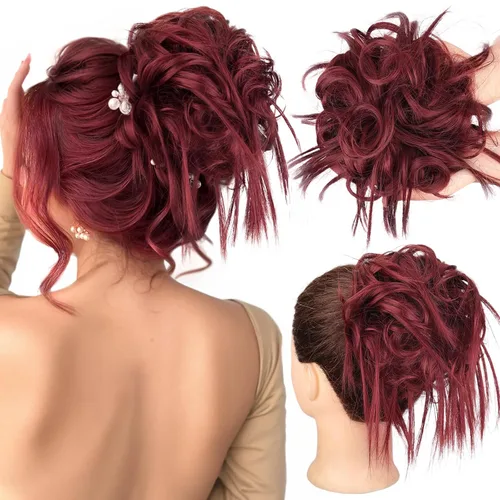 Miniatura 13 de HMD - Extensiones de cabello tipo chongo alborotado con rodelo despeinado, banda elástica de goma, extensiones de cabello sintético para mujer