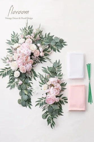 Miniatura 7 de Floroom Kit de Flores de Arco con Cortinas (Paquete de 4) - 2 piezas de Guirnalda Floral Artificial Rosa Rubor con 2 piezas de Tela Drapeada