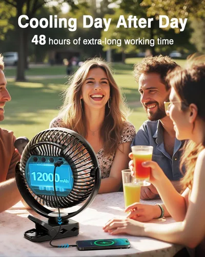 Miniatura 3 de FRIZCOL Ventilador portátil de 12000 mAh con clip de 8 pulgadas, recargable, funciona con pilas, ventiladores de campamento con luces y control