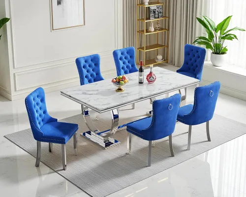 Miniatura 33 de Juego de mesa de comedor de mármol para 4, mesa de cocina rectangular de mármol blanco de 70 pulgadas con base en O de acero inoxidable dorado