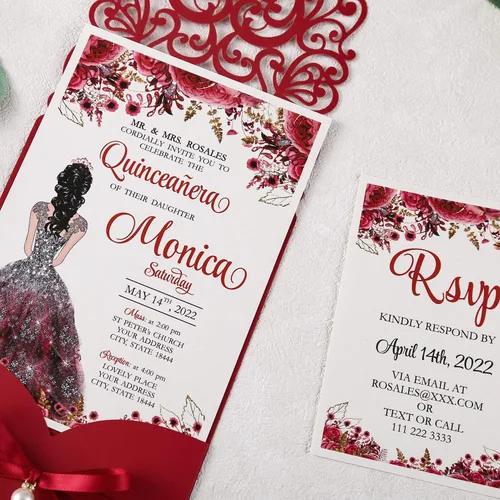 Miniatura 2 de 50 invitaciones de quinceañera personalizadas de 5x7.2 pulgadas, corte calado mediante láser, color rojo, con tarjetas RSVP y sobres, y banda