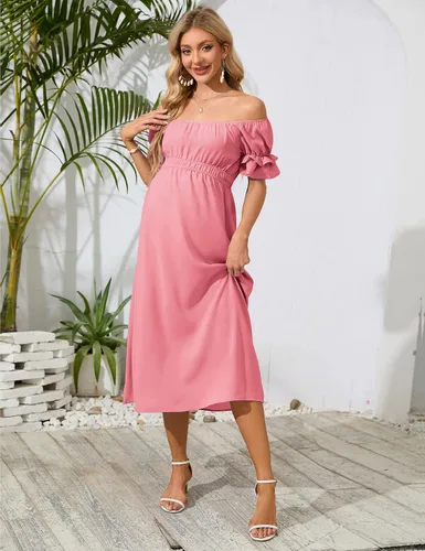Miniatura 4 de KOJOOIN Vestido de maternidad de manga corta con hombros descubiertos para mujer, vestido de verano casual con volantes, vestido midi fluido