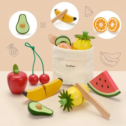 Miniatura 7 de PairPear - Juegos de comida de juguete de madera para cocina de niños, juego de frutas de corte de alimentos de juguete para niños de 3 años
