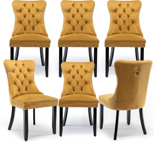 Miniatura 138 de Juego de 4 Sillas de Comedor de Terciopelo Tapizadas con Capitoné, Sillas Laterales de Cocina con Ribete de Tachuelas y Patas Chapadas en Oro