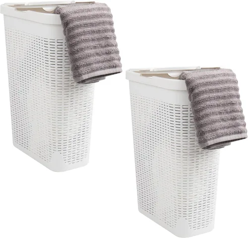 Miniatura 11 de Mind Reader Cesta de lavandería delgada con tapa, cesta de ropa de 40 L, diseño de mimbre premium, plástico, azul bebé