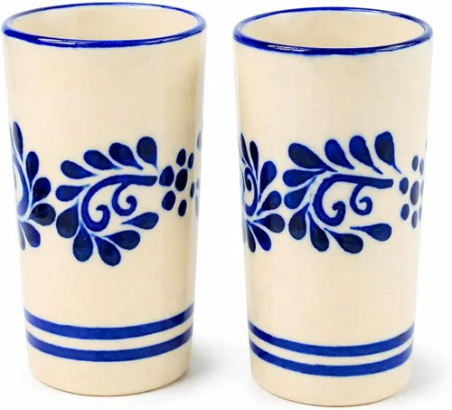 Juego de 2 vasos de chupito pintados a mano, tazas de tequilero de 2 onzas, flores azules clásicas Abajo, Mezcal Sangrita de tequila, hecho a mano