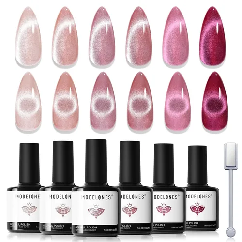 Miniatura 11 de modelones - Juego de 6 esmaltes en gel con efecto de ojo de gato cristalino, holográfico 9D, brillantina, negro, azul, morado, verde, con imán