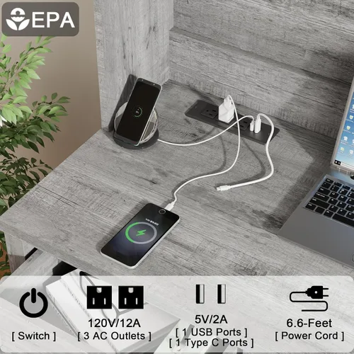 Miniatura 4 de Escritorio ejecutivo Farmhouse de 67" de altura con estante superior, escritorio de oficina con 4 cajones y luz LED, mesa de computadora con Gris