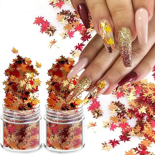 Miniatura 4 de Nail Art - Escamas de hoja de arce con purpurina de 0.71 oz de hojas de otoño metálicas 3D en forma de hoja de arce rojo, amarillo y naranja, diseño