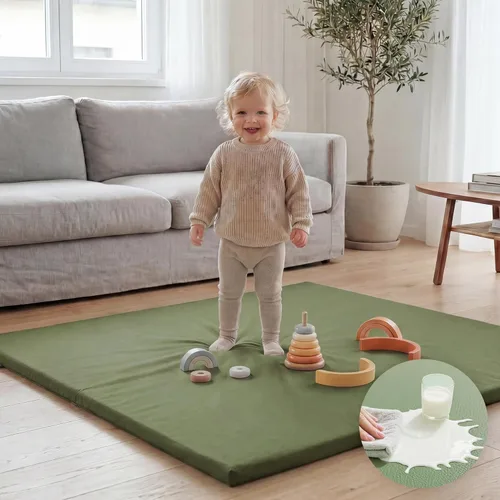 Miniatura 11 de Huloo Sleep Tapete de juego para bebé de 47 x 47 pulgadas, acolchado impermeable de 1.3 pulgadas de grosor, tapete para corral de juegos con cuero